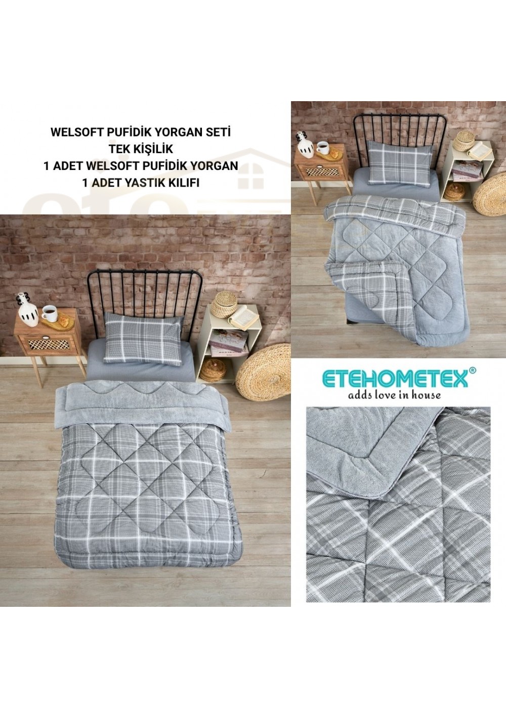 ETE HOMETEX TEK KİŞİLİK LÜX WELSOFT YORGAN SETİ SAFİR GRİ 155X215CM 8696474231850